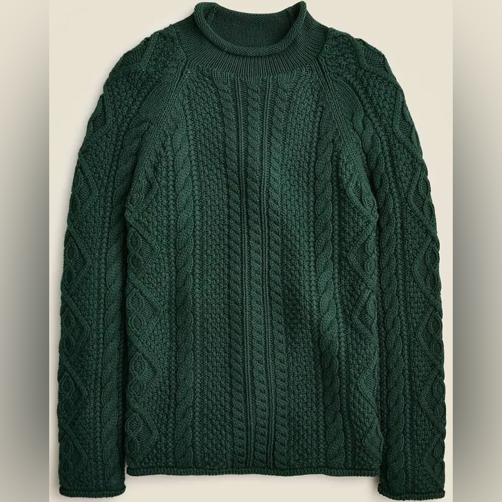 NWT J. Crew Men’s Forest Green Cable Knit Mock Neck Sweater